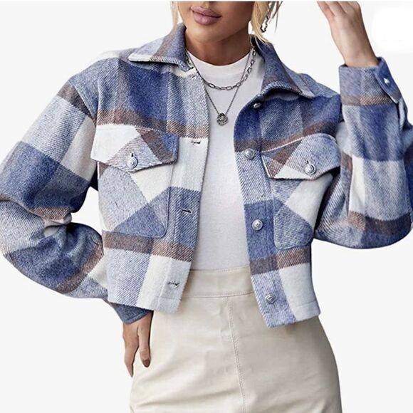 Plaid Print Drop Shoulder Crop Overcoat Size Large - Picture 1 of 11